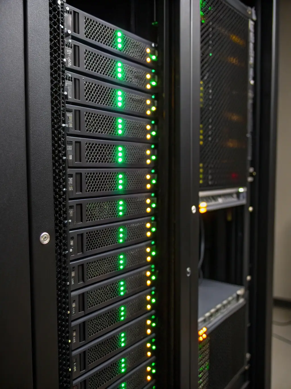 A server rack with blinking lights, symbolizing reliable and secure website hosting services for small businesses, ensuring uptime and data protection.