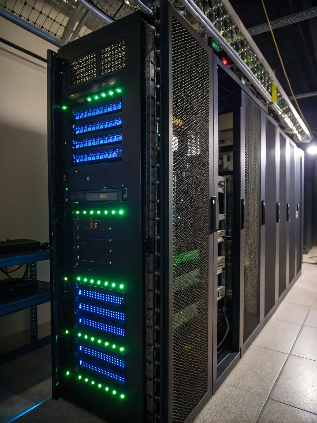 A server rack with a web interface showing website uptime and security metrics, representing WebGo Agencia's reliable hosting solutions.
