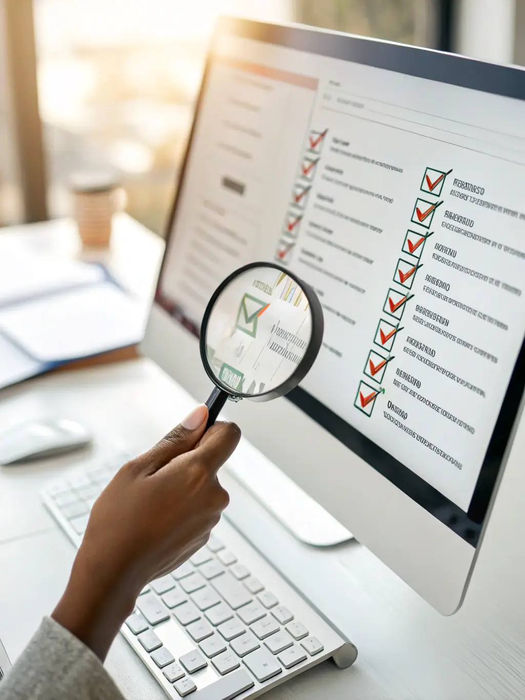 A magnifying glass over a search engine results page showing improved rankings, illustrating WebGo Agencia's SEO optimization services.