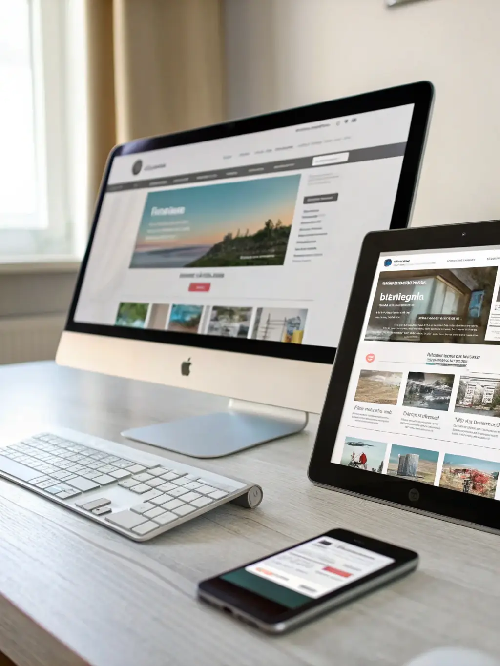 A clean, modern website design mockup showcasing a responsive layout on various devices (desktop, tablet, mobile), emphasizing user-friendly navigation and visual appeal, suitable for a small business.