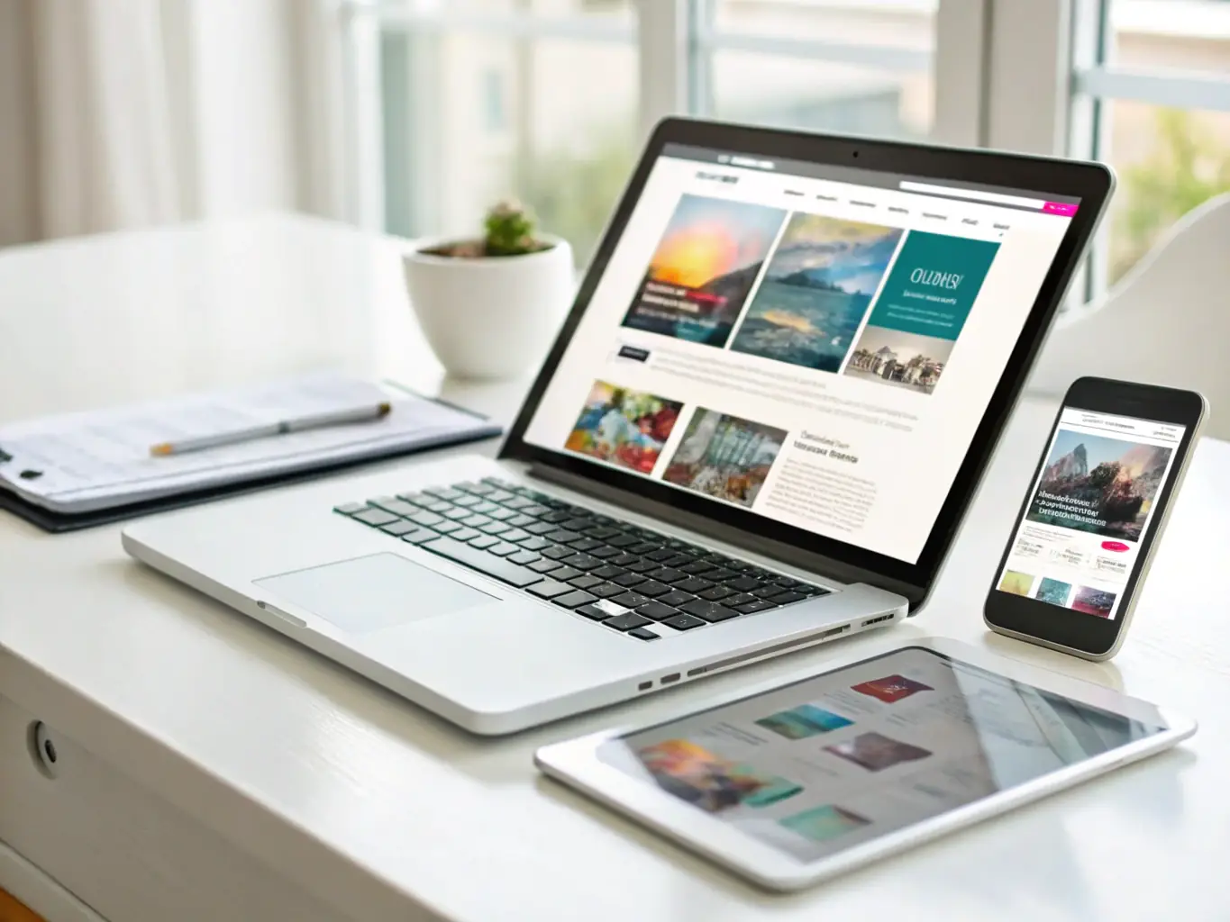 A clean, modern website design showcasing a responsive layout on various devices, emphasizing user-friendly navigation and a professional aesthetic, suitable for a digital agency.