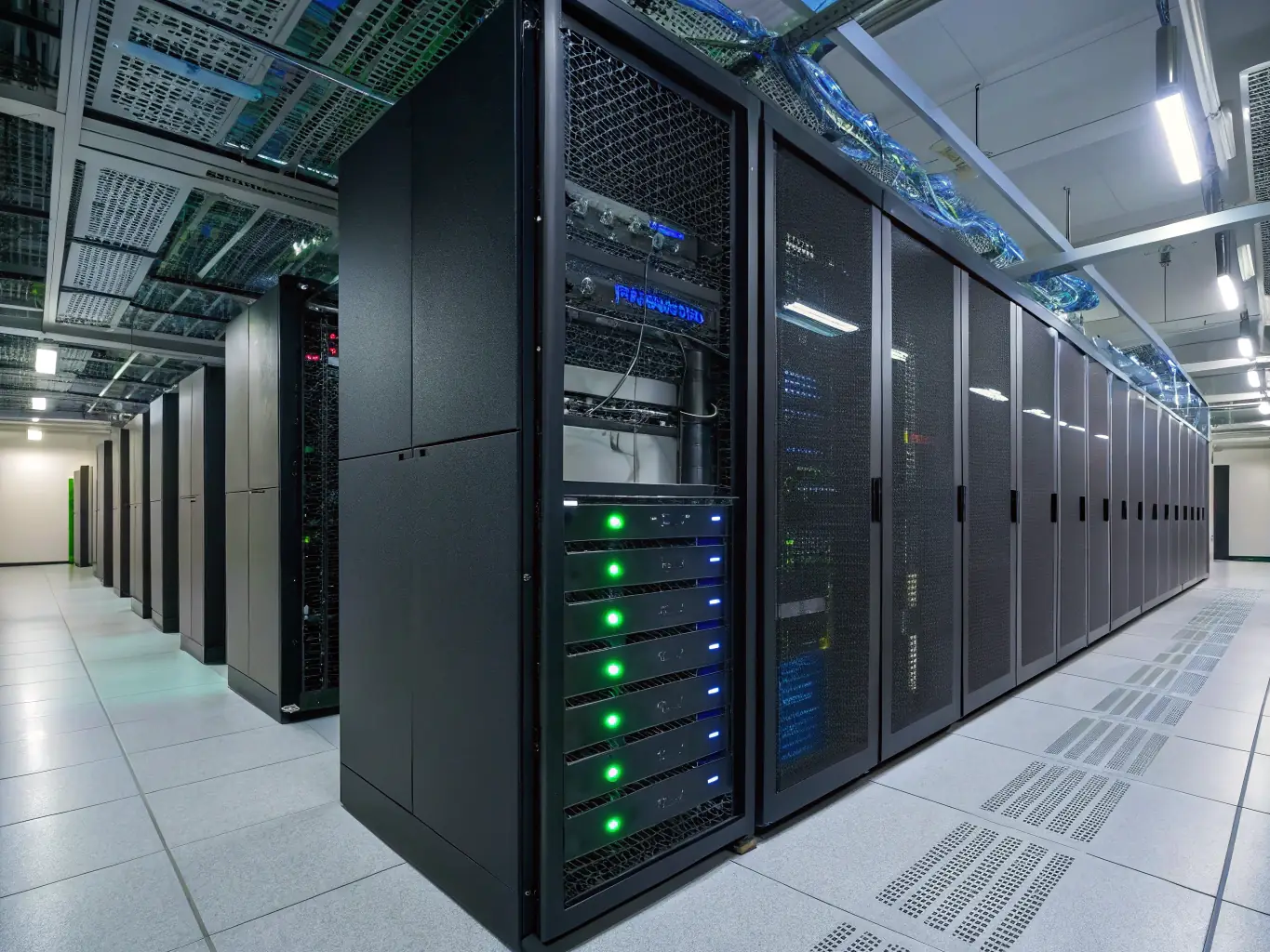 A server room with blinking lights and cables, symbolizing reliable hosting and maintenance services provided by WebGo Agencia to keep client websites running smoothly.