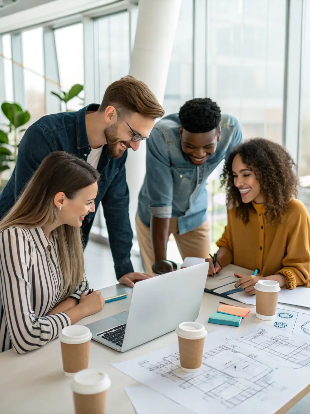 A diverse team of web developers and designers collaborating on a website project in a modern office setting, reflecting WebGo Agencia's collaborative approach.