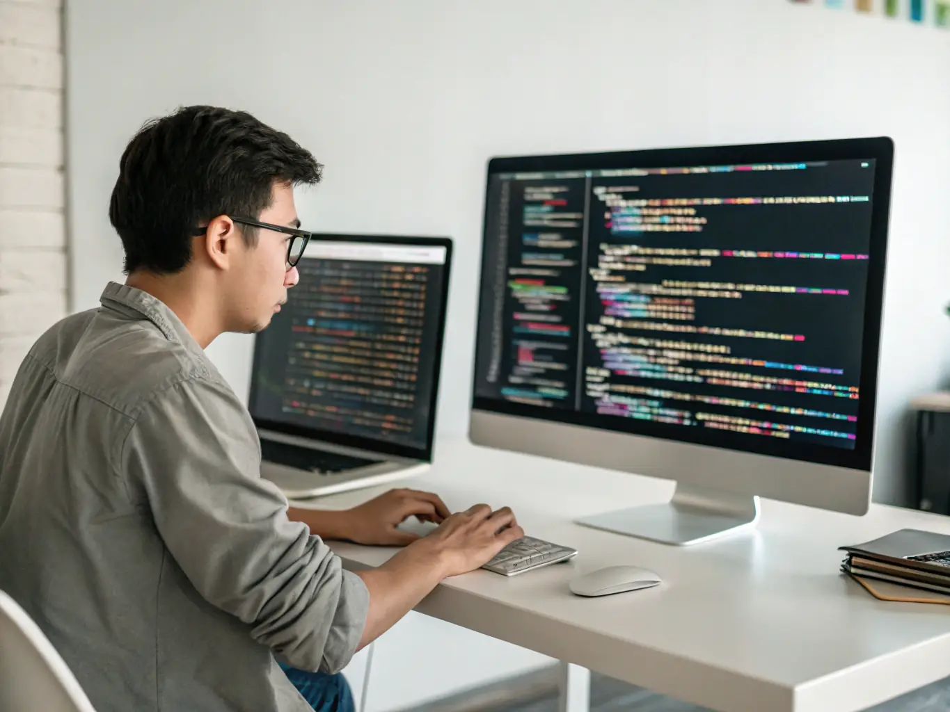 A developer working on a website's backend code, highlighting the technical expertise involved in creating a functional and efficient online platform for WebGo Agencia's clients.