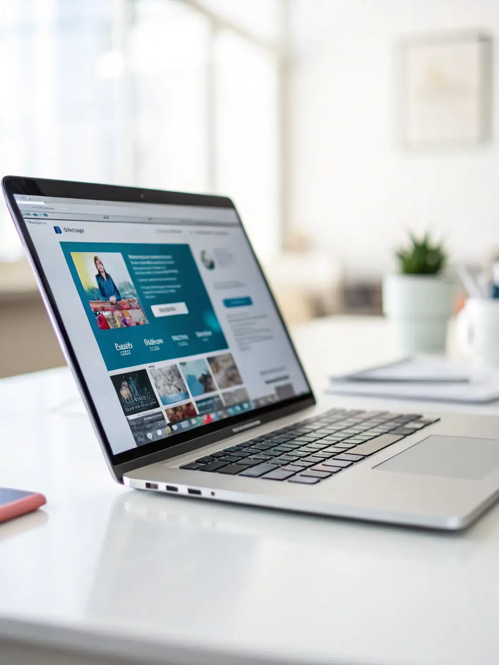 A sleek laptop displaying a beautifully designed small business website on the screen, showcasing WebGo Agencia's design capabilities.